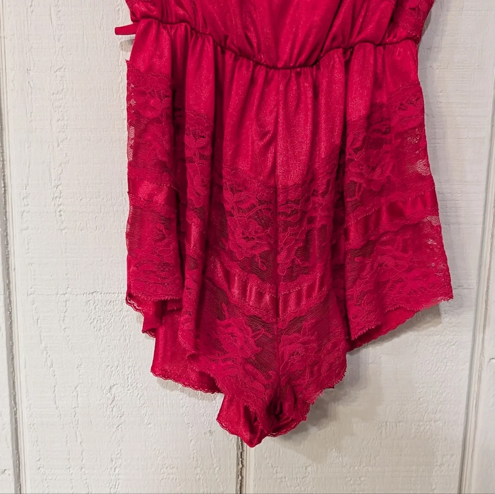 Vintage‎ Red Sheer Lace Nylon Teddy Lingerie Romper